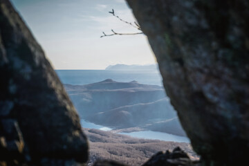 View of the Pacific Ocean through the rocks