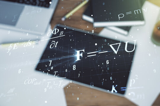 Double exposure of creative scientific formula concept and digital tablet on background, top view, research and development concept