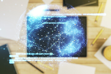 Multi exposure of abstract creative coding sketch with world map and modern digital tablet on background, top view, artificial intelligence and neural networks concept