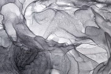 Abstract gray ink watercolor background. Black paint stains and spots in water, luxury fluid liquid...