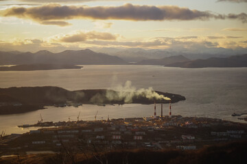 View of Avacha Bay at sunset