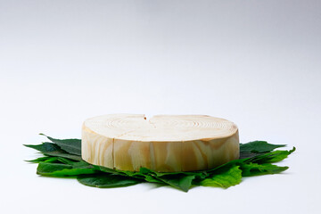 one wooden sawn platform on green leaves background, geometric podium, eco scene for presentation of beauty products