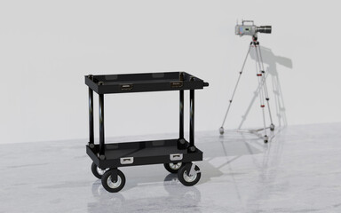 Production camera cart used in the film industry with a film camera on a tripod in the background. 3D illustration