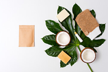 eco natural organic cosmetic on white background, skin care products, mockup, top view