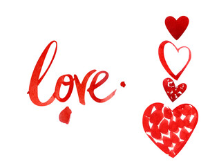 Collection of red hearts on a white background. The word 