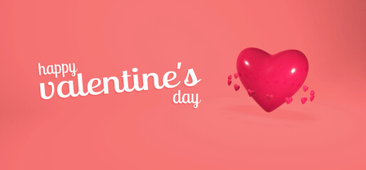 Happy Valentines Day banner with 3d red hearts on pink background. Gift card, love party, invitation voucher design, poster template, place for text, flyer