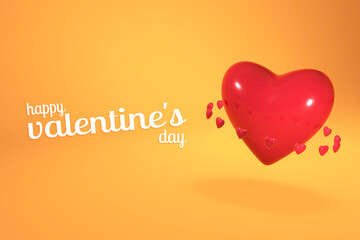 Happy Valentines Day banner with 3d red hearts on orange background. Gift card, love party, invitation voucher design, poster template, place for text, flyer