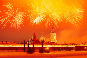 Orange sky during fireworks in St. Petersburg. - Powered by Adobe