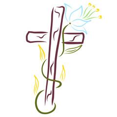 wooden cross and a blooming lily with foliage like a burning flame