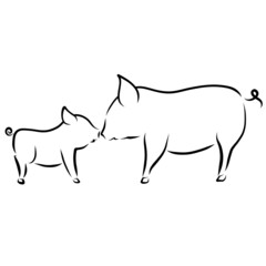 big pig and her baby touch each other with a snout, a black outline