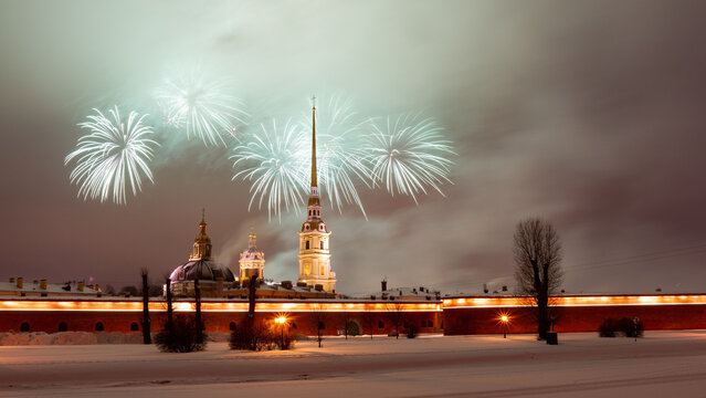 Winter fireworks in St. Petersburg.
