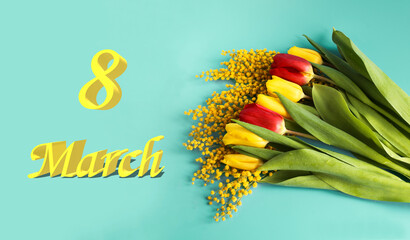 A bouquet of yellow-red tulip flowers, copied space and text on March 8 in English. Banner for a...
