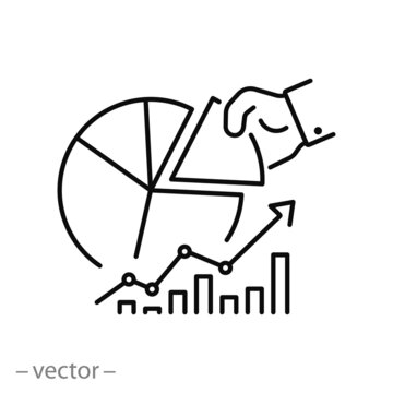 asset allocation icon, invest plan, stock market and up graph, profit growth graphic, thin line symbol on white background - editable stroke vector illustration