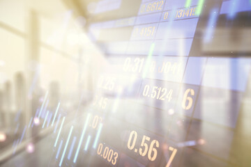 Multi exposure of virtual abstract financial diagram on abstract empty interior background, banking and accounting concept