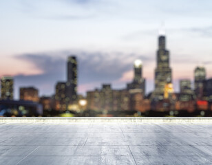Fototapeta na wymiar Empty concrete dirty rooftop on the background of a beautiful blurry Chicago city skyline at night, mockup