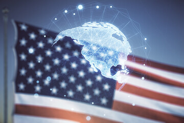 Virtual digital map of North America on USA flag and sunset sky background, international trading concept. Multiexposure