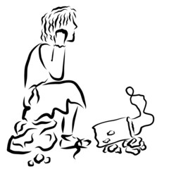 impoverished prodigal son sits on a stone next to an empty torn bag, black outline