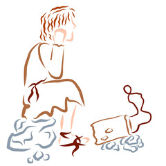 impoverished prodigal son sits on a stone next to an empty torn bag