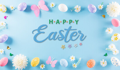 Happy easter! Colourful of Easter eggs in with flower on pastel blue background. Greetings and presents for Easter Day celebrate time. Flat lay ,top view with the text.