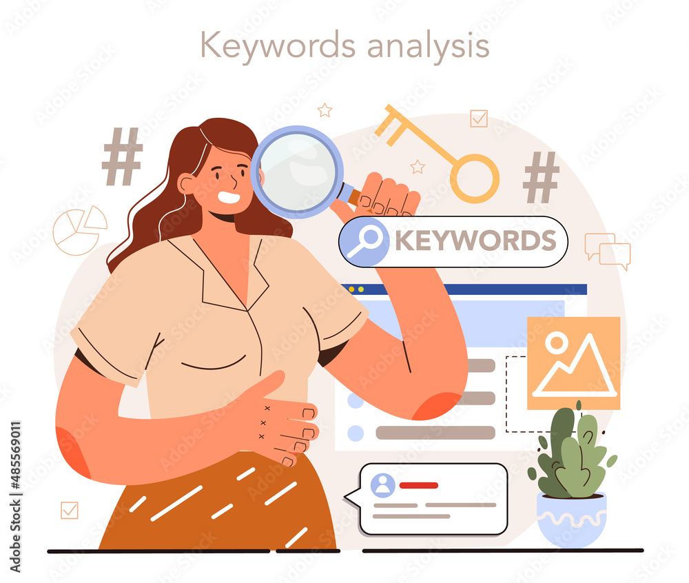 Poster blog seo optimization, keywords analysis. idea of search engine optimization