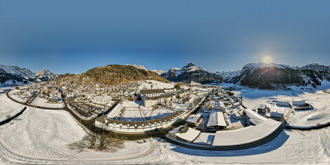 Drone view at the village of Engelberg in the Swiss alps