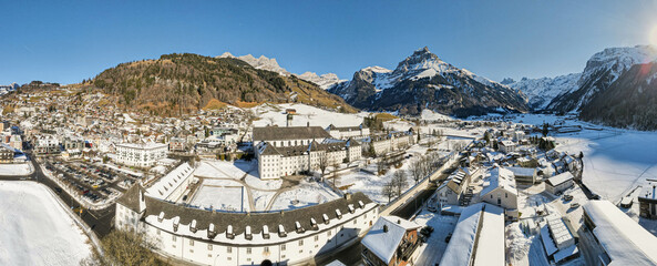 Drone view at the village of Engelberg in the Swiss alps