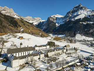 Drone view at the Benedictine convent of Engelberg in the Swiss alps