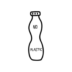 Plastic bottle with inscription no plastic. Save planet concept. Black and white hand drawn vector isolated illustration icon doodle