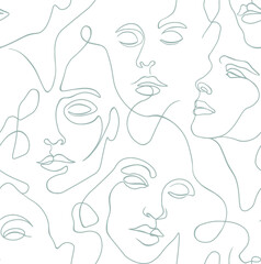 Vector seamless pattern with one line woman faces