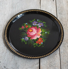 Old Russian enameled metal tray with handpainted flower pattern