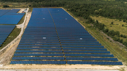 Solar panels in aerial view. Solar panels system power generators from sun