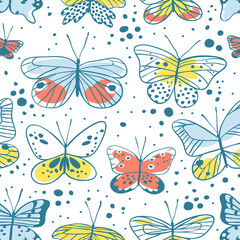 Seamless pattern with butterfly. Hand drawn vector illustration. Decorative elements for design. Black contour drawing. Creative ink art work