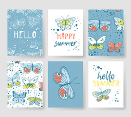 Naklejka premium Set of templates for summer cards. Hand drawn vector patterns brochures with butterfly