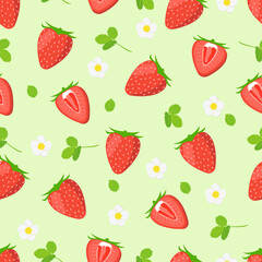 Cartoon strawberry seamless pattern. Vector background of fresh farm organic berries used for magazines, books, cards, menu covers, web pages.