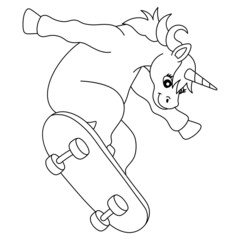 Unicorn Skating on a Skateboard Coloring Isolated