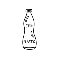 Plastic bottle with inscription stop plastic. Save planet concept. Black and white hand drawn vector isolated illustration icon doodle