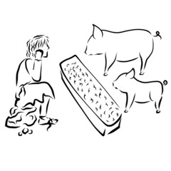 Sad prodigal son in rags watching pigs eat, black outline