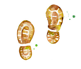 Watercolor mountain hiking illustration with brown and green footprints. Footprint painting shoe walking theme walk Alps summer environment concept