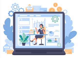 Woman is sitting at a table and talking on a retro phone. On the other end of the line is a consultant. In the background is a large laptop with an open analytical report. Vector illustration