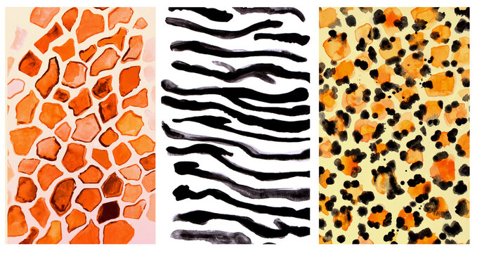 Savannah animal pattern variety watercolor illustration zebra, giraffe and leopard. Texture effect graphic wild animals Africa protection environment design jungle with stain.