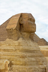 Closeup photo of Sphinx, ancient Egyptian limestone statue of a mythical creature with a lion's body and a human's head. It is located  on the Giza Plateau, the Pyramid Complex near Cairo, Egypt
