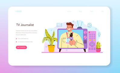 TV presenter web banner or landing page. Television host in a studio