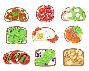 Fresh sandwiches. Tasty toasted bread, different ingredients, cartoon eggs, bacon and vegetables, breakfast snacks, healthy food, restaurant or cafe menu, delicious takeaway food vector set