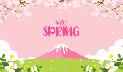 Hello! Spring Japan landscape background vector illustration. Cherry Blossoms branch with Mountain Fuji . © Farosofa