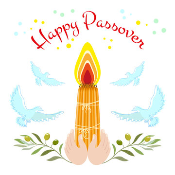 Passover greeting card with a traditional bunch of 33 burning candles on a white background with doves and olive branches