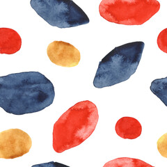 Abstract nordic print with geometric blue and red shapes on white background. Watercolor seamless pattern. Mixed media art