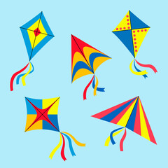 Set of different geometric kites. Beautiful colorful devices made of paper and cardboard. Poster design concept for Makar Sankranti holiday. Vector illustration in flat style