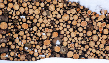 A pile of logs. The round edge of the logs is clearly visible. There is snow in front of and above the pile of firewood. It's snowing.