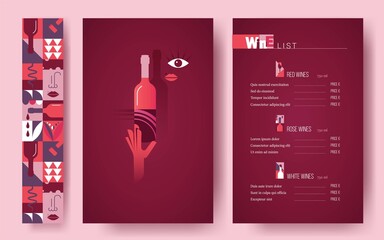 Wine restaurant menu design with geometric pattern. Vector illustration template of wine list.