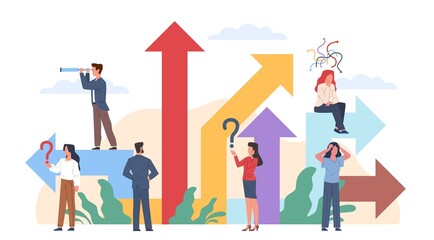 Think people choose path. Alternative options, tiny men and women group looking right solution, difficult crossroad and pathways, employee make decision, vector isolated dilemma concept